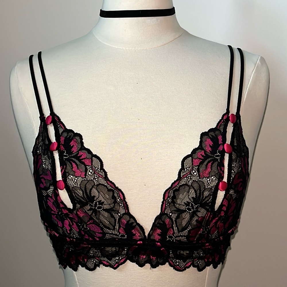 Vintage black and hot pink lace bra with double straps and clasp closure